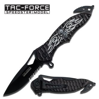 Spring Assist Legal Auto Knife Winged Skull Fighter Black