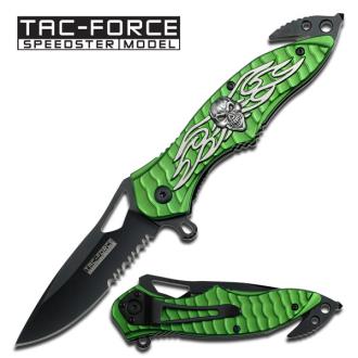 Spring Assist Legal Auto Knife Winged Skull Fighter Green