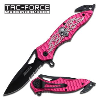 Spring Assist Legal Auto Knife Winged Skull Fighter Pink