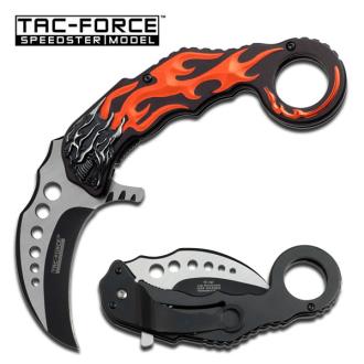 Orange Flaming Skull Karambit Spring Assisted Knife