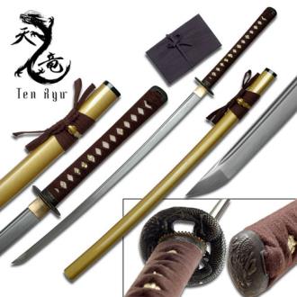 Ten Ryu Sharp Damascus Steel Katana Sword Gold Scabbard