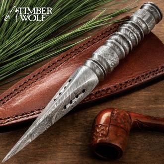 Timber Wolf Roses Thorn Dagger With Sheath - One-Piece Damascus