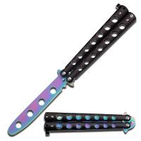 YC-306 RB - Balisong Butterfly Knife Black Handle Rainbow Blade Training for Martial Art