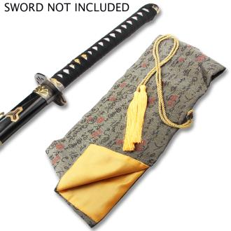 BLACK AND GOLD SILK EMBROIDERED SWORD BAG WITH GOLD ROPE TIE