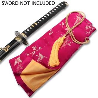 Pink Silk Embroidered Sword Bag with Gold Rope Tie