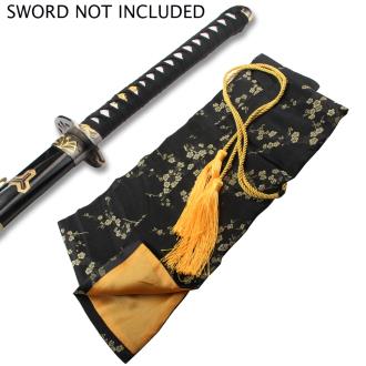 Black Silk Embroidered Sword Bag with Gold Rope Tie