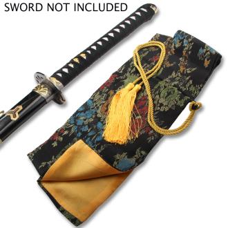 Black Silk Multi Color Embroidered Sword Bag with Gold Rope Tie