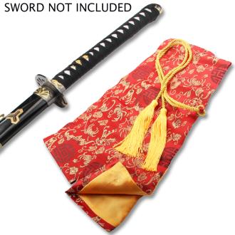 RED SILK EMBROIDERED SWORD BAG WITH GOLD ROPE TIE