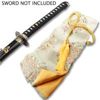 ZSB-07BAG - BEIGE SILK EMBROIDERED SWORD BAG WITH GOLD ROPE TIE
