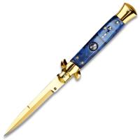 A-10-GBL - Gold Edition Blade Automatic Stiletto Switchblade Knife Blue Handle