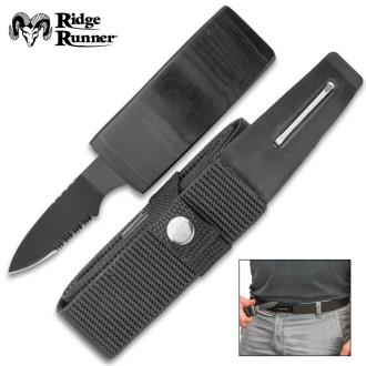 RIDGE RUNNER BLACK BELT WITH HIDDEN KNIFE - ADJUSTABLE CANVAS BELT, TPU BUCKLE, BLACK STAINLESS STEEL PARTIALLY SERRATED BLADE