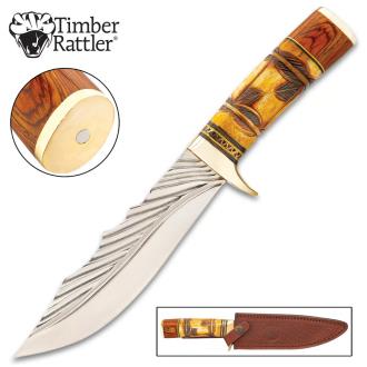 TIMBER RATTLER NAIROBI HUNTER KNIFE WITH SHEATH - STAINLESS STEEL BLADE, CAMEL BONE AND PAKKAWOOD HANDLE, BRASS GUARD - LENGTH 12 1/4”