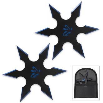 On Target Twin Six-Pointed Throwing Star Set with Nylon Pouch Kanji Accents Metallic Blue Edges