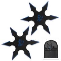 BK3415 - On Target Twin Six-Pointed Throwing Star Set with Nylon Pouch Kanji Accents Metallic Blue Edges