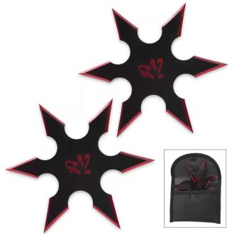 On Target Twin Six-Pointed Throwing Star Set with Nylon Pouch Kanji Accents Metallic Red Edges