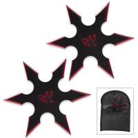 BK3414 - ON TARGET TWIN SIX-POINTED THROWING STAR SET WITH NYLON POUCH | KANJI ACCENTS | METALLIC RED EDGES