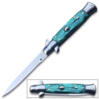 Green White Pearl Classic Stiletto Switchblade Knife Green Pearl Handle