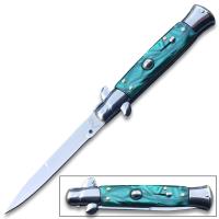 A-10GR - Green White Pearl Classic Stiletto Switchblade Knife Green Pearl Handle