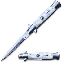 A-10WT - White Pearl Classic Stiletto Switchblade Knife White Pearl Handle