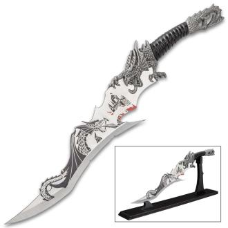 Double Dragon Blade Master Fantasy Sword Dagger with Wooden Display Plaque