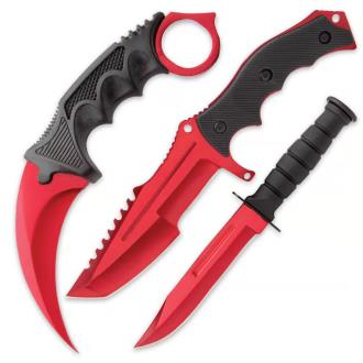 CSGO 3-Pc Knife Set Atomic Red Karambit Huntsman Military Knife