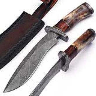 Custom Made Damascus Steel Kukri Knife with Wood and Camel Bone