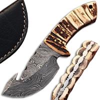 DM-101 - Damascus Steel Skinner Knife Stag Handle Gut Hook