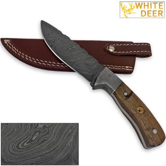 White Deer Hunters Legend Damascus Steel Knife Walnut Wood Handle Mosaic Pin