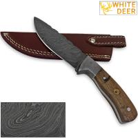 DM-1024 - White Deer Hunters Legend Damascus Steel Knife Walnut Wood Handle Mosaic Pin