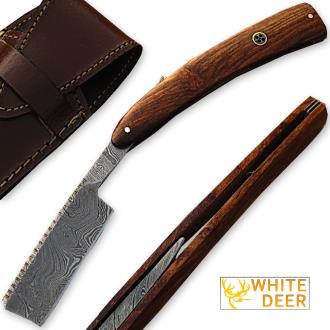 White Deer Custom Made Damascus Steel Straight Razor with Wood Handle and Sheath