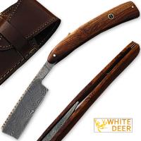 DM-2176 - White Deer Custom Made Damascus Steel Straight Razor w/ Wood Handle &amp; Sheath