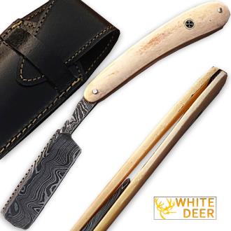 Custom Made Damascus Steel Straight Razor with Camel Bone Handle