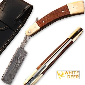 White Deer Damascus Steel Straight Razor with Camel Bone and Wood Handle