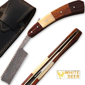 White Deer Damascus Steel Straight Razor with Bone and Wood Handle