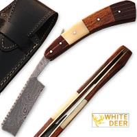 DM-2183 - White Deer Damascus Steel Straight Razor with Bone and Wood Handle