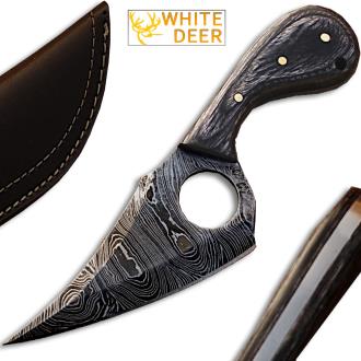 White Deer Damascus Steel Skinner Knife with Finger Hole Micarta Handle