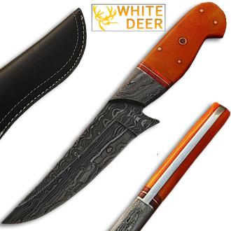 White Deer Damascus Steel Hunting Knife Orange Color Camel Bone