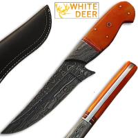 DM-2211 - White Deer Damascus Steel Hunting Knife Orange Color Camel Bone
