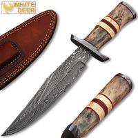 DM-2218 - White Deer Damascus Steel Hunting Knife with Giraffe and Camel Bone