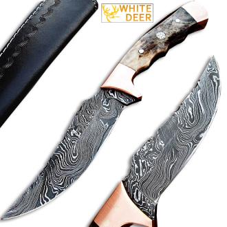 White Deer Damascus Steel Bowie with Giraffe Bone and Copper Bolster Exclusive