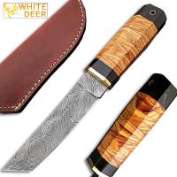 DM-2311 - White Deer Rebel Nemesis Damascus Tanto Knife Custom Olive Wood Handle