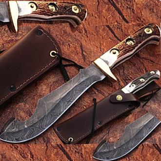 Custom Made Damascus Steel Gut Hook Hunting Knife with Stag Handle