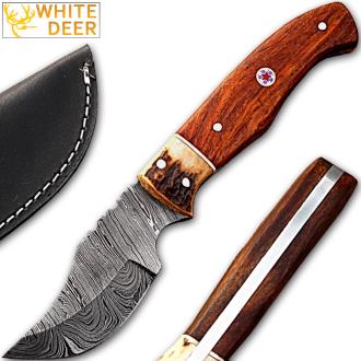 White Deer Damascus Steel Skinner Knife with Walnut Wood and Stag Bolster 1095 HC