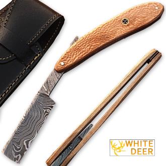 White Deer Damascus Steel Straight Razor with Olive Wood Handle