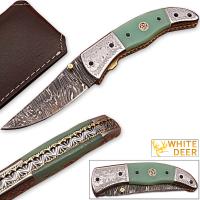 FDM-2530 - Magnum Trailmaster Damascus Folding Knife ENGRAVED Steel Bolster Composite Grip
