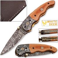 FDM-2533 - Signature Drop Point Unique Damascus Steel Folding Knife Micarta Wood Handle Handmade