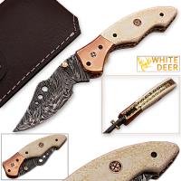 FDM-2534 - WHITE DEER Executive Series Damascus Folding Knife Rose Copper Bolster Bison Grip