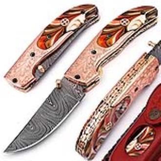 White Deer Executive Series Red Orange Marble Damascus Folding Knife