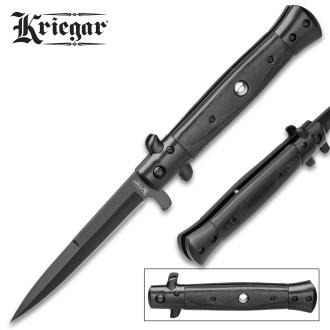 Kriegar Black Stiletto Assisted Opening Pocket Knife Stainless Steel Blade Non-Reflective Wooden Handle
