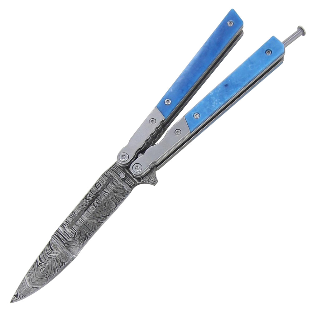 Heavy Duty Damascus Bourbon Blues Butterfly Knife